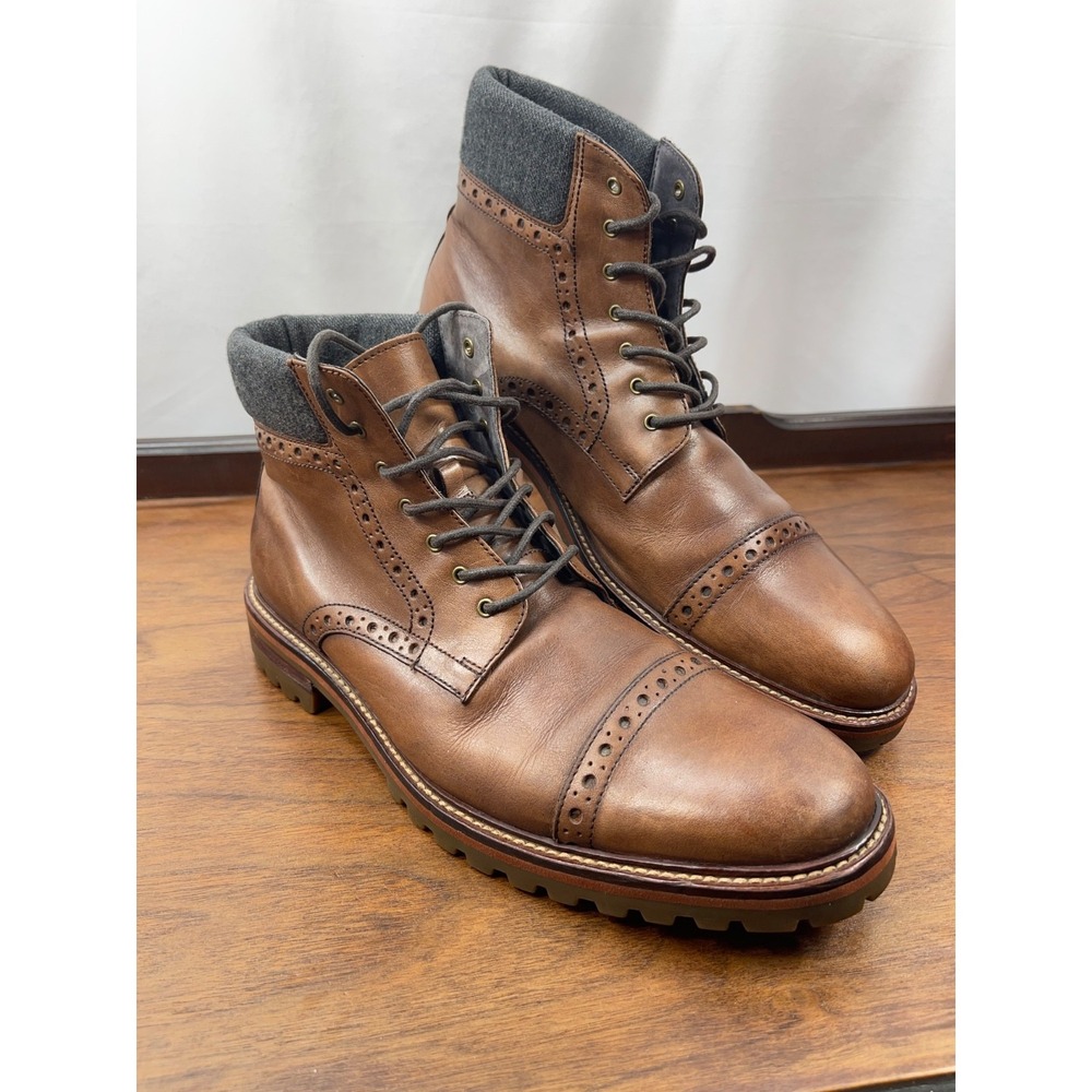 J & M 1850 Johnston & Murphy Boots Cap Toe 208856 Brown Leather Mens Size 9.5